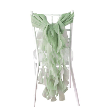 1 Set Chiffon Hoods Chair Sashes with Willow Ruffles Design Sage Green - Stylish Chair Bow Decor