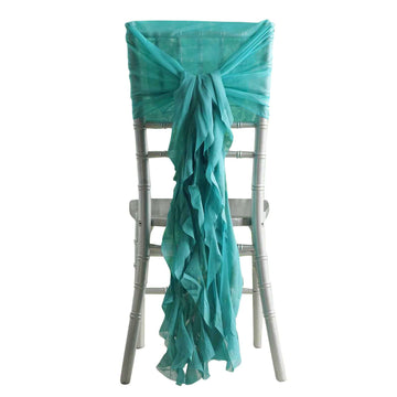 1 Set Chiffon Hoods Chair Sashes with Willow Ruffles Design Turquoise - Stylish Chair Bow Decor