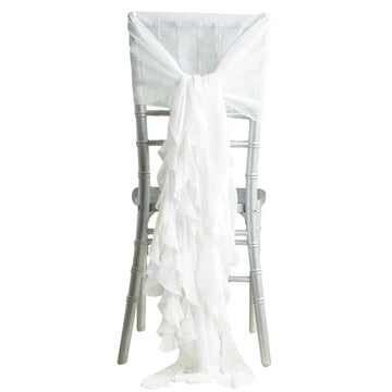 1 Set Chiffon Hoods Chair Sashes with Willow Ruffles Design White - Stylish Decor for Weddings & Gatherings