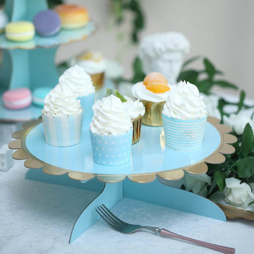 1-Tier Cardboard Cake Stand Light Blue - Stylish Reusable Cupcake Dessert Holder with Gold Scalloped Rim for Baby Showers Birthdays & Events 13"