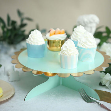 1-Tier Cardboard Cake Stand Mint - Stylish Reusable Cupcake Dessert Holder with Gold Scalloped Rim for Baby Showers Birthdays & Events 13"