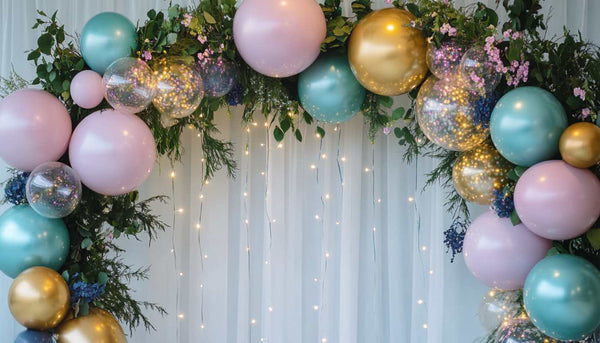 Pastel balloon arch with greenery and fairy lights