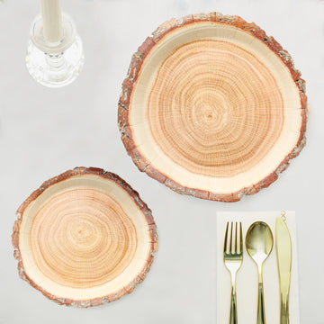 25 Pack | 10" Natural Rustic Wood Slice Disposable Party Plates, Farmhouse Style Paper Dinner Plates