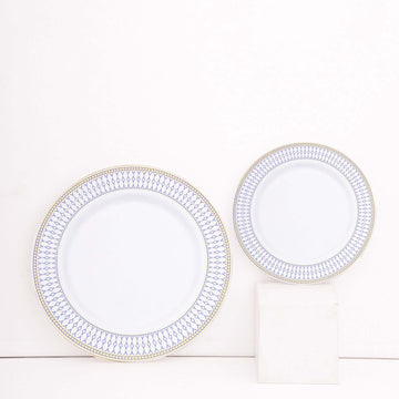 10 Pack White Renaissance Disposable Salad Plates With Gold Navy Blue Chord Rim, Plastic Appetizer Dessert Plates - 7"