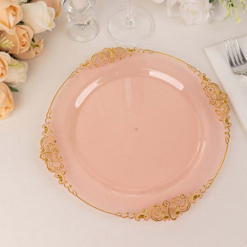 10 Pack 10" Transparent Blush Plastic Party Plates With Gold Leaf Embossed Baroque Rim, Round Disposable Dinner Plates