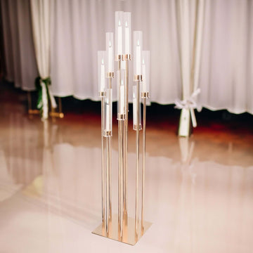 10-Arm Cluster Taper Candle Holder Gold with Clear Glass Shades - Stylish Large Candle Arrangement for Gatherings 50"