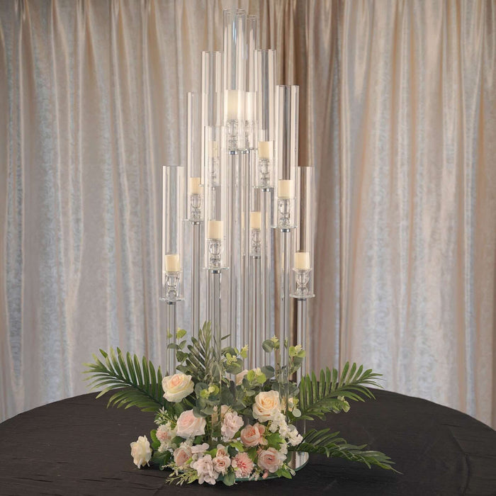 47inch Clear 10 Arm Crystal Cluster Round Taper Candelabra, Candle Holder, Candles Mirror Base