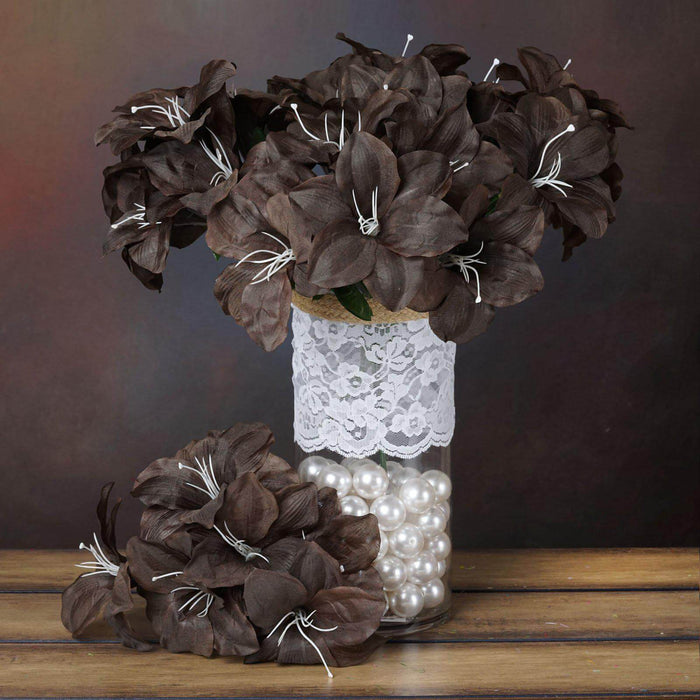 10 Bushes | Chocolate Brown Artificial Silk Easter Lily Flowers, Faux Bouquets