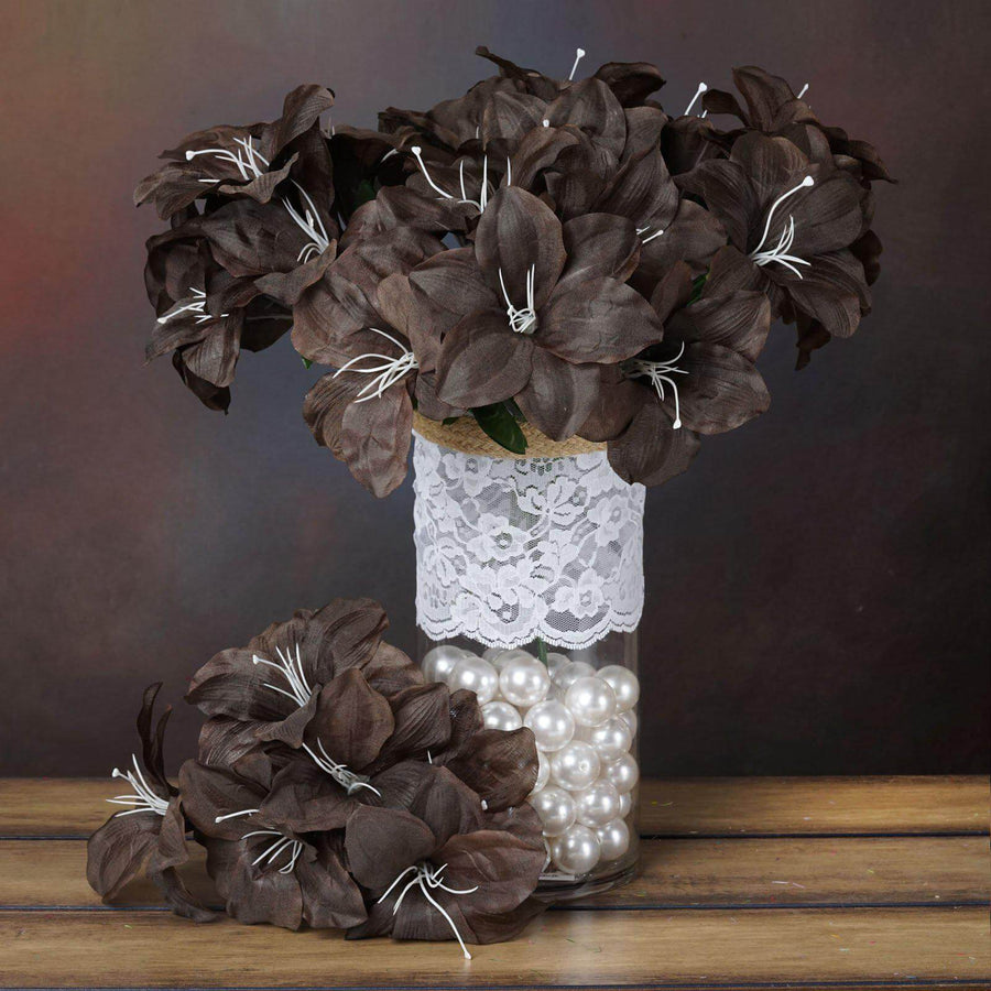 10 Bushes | Chocolate Brown Artificial Silk Easter Lily Flowers, Faux Bouquets