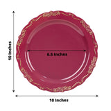 10 Pack | 10inch Burgundy With Gold Vintage Rim Disposable Dinner Plates With Embossed