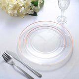 10 Pack | 10inch Très Chic Rose Gold Rim Clear Disposable Dinner Plates, Plastic Party Plates