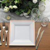 10 Pack - 10inch Rose Gold Trim White Square Plastic Disposable Dinner Plates