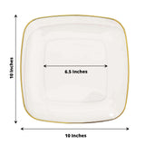 10 Pack | 10inch Clear with Gold Rim Square Plastic Lunch Party Plates, Disposable Dinner Plates