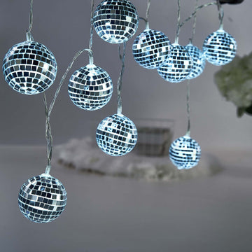 10 LED String Light Garland Silver Disco Mirror Ball Cool White - Battery Operated Decorative Lighting 6ft