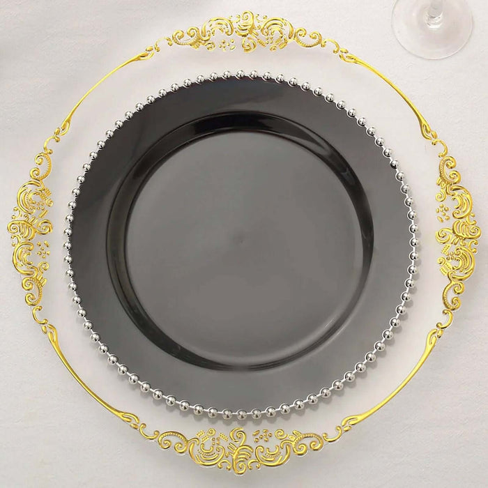 10 Pack | 10inch Black / Silver Beaded Rim Disposable Dinner Plates, Round Plastic Party Plates