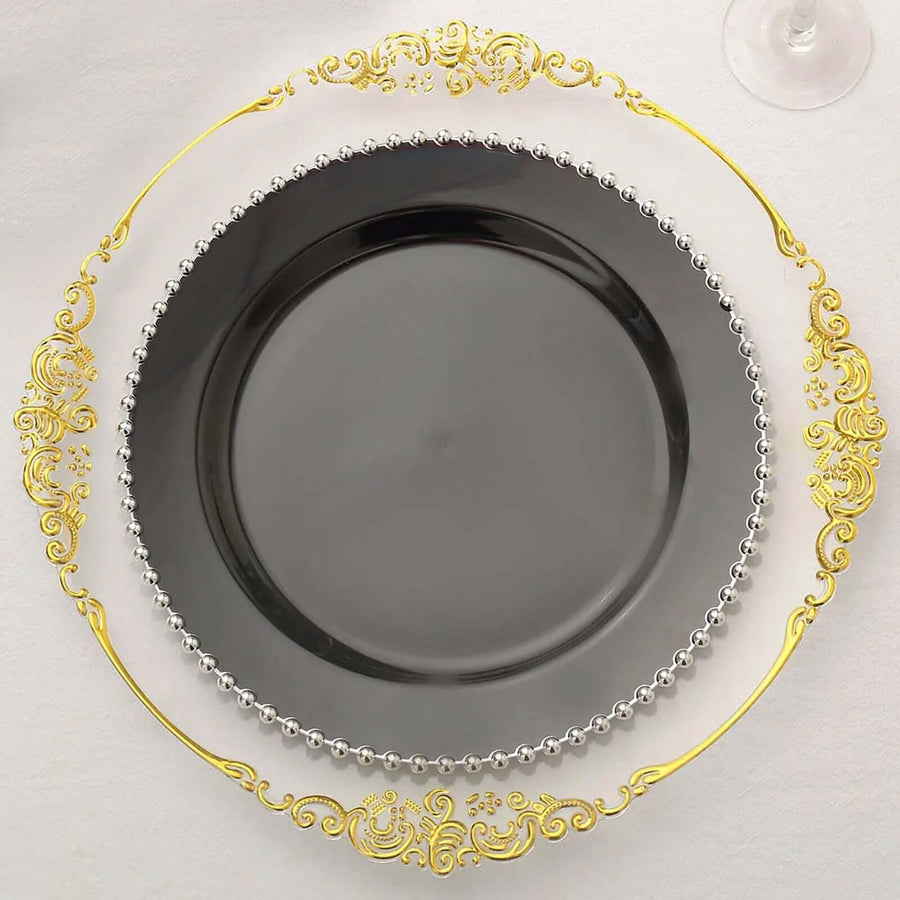 10 Pack | 10inch Black / Silver Beaded Rim Disposable Dinner Plates, Round Plastic Party Plates