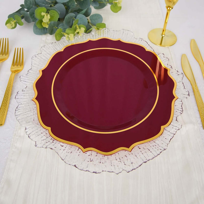 10 Pack | 10inch Burgundy Plastic Dinner Plates Disposable Tableware Round With Gold Scalloped Rim