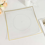 10 Pack | 10inch Clear / Gold Concave Modern Square Plastic Dinner Plates, Disposable Party Plates
