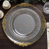 10 Pack | 10inch Clear Hammered Design Plastic Dinner Plates With Gold Rim