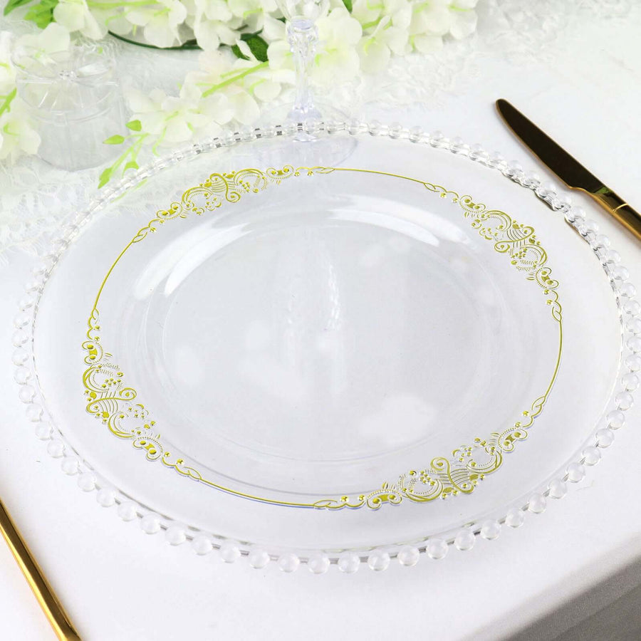 10 Pack | 10inch Clear Gold Leaf Embossed Baroque Plastic Dinner Plates