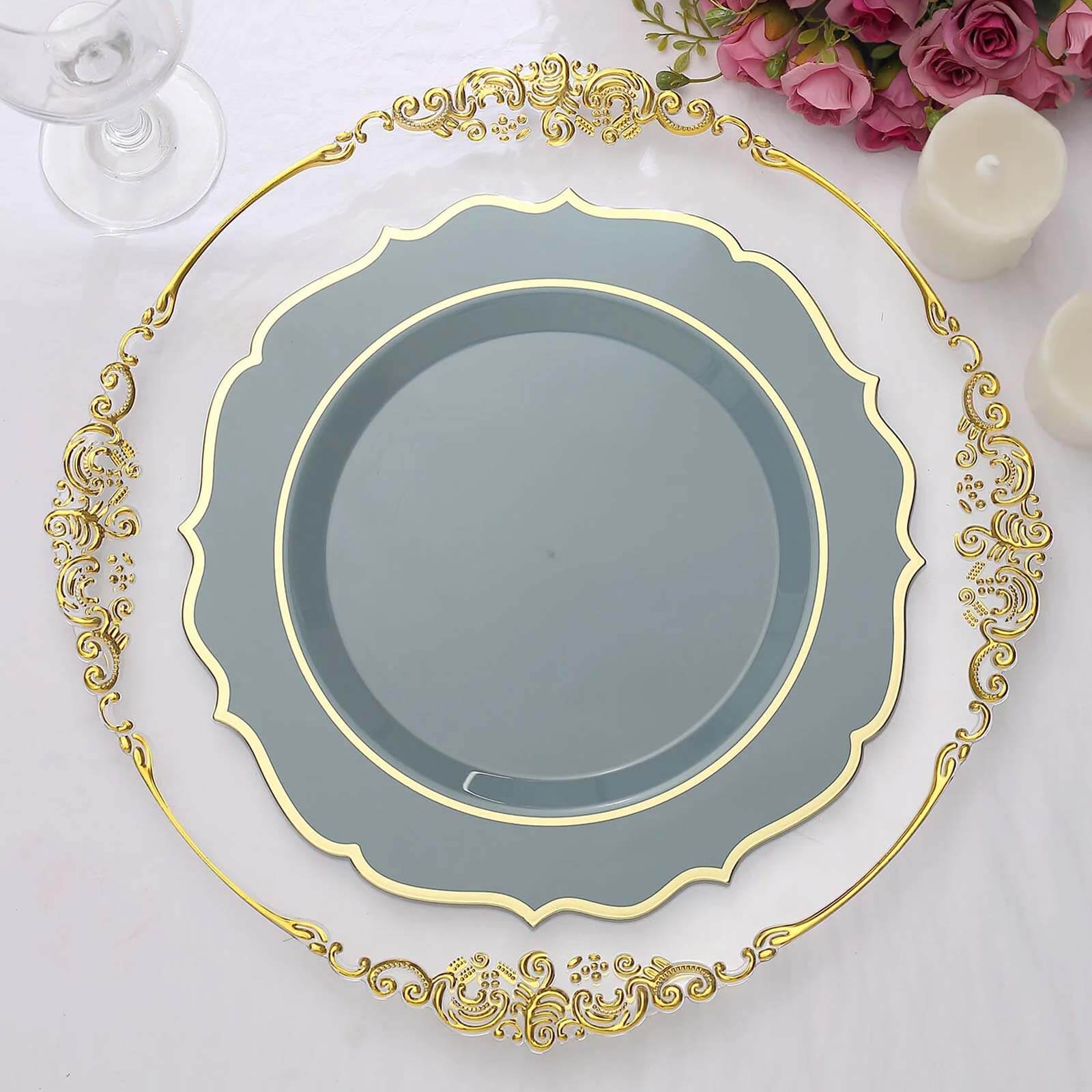 10-Pack Plastic 10" Round Dinner Plates in Dusty Blue with Gold Scalloped Rim - Disposable Party Plates