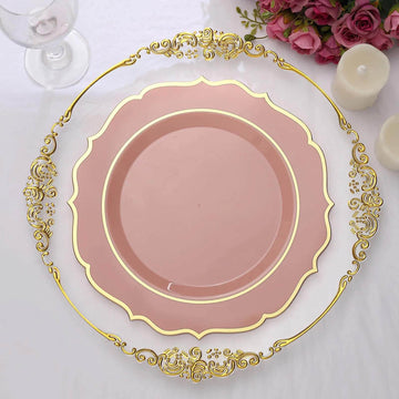 10-Pack Plastic 10" Round Dinner Plates in Dusty Rose with Gold Scalloped Rim - Disposable Party Plates