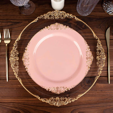 10-Pack Plastic 10" Round Dinner Plates in Dusty Rose with Gold Leaf Embossed Rim - Disposable Vintage Baroque Style Plates