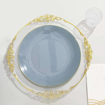 10-Pack Plastic 10" Round Dinner Plates in Dusty Blue with Gold Rim - Glossy Disposable Party Plates