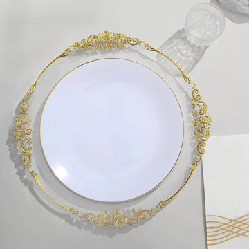 10-Pack Plastic 10" Round Dinner Plates in White with Gold Rim - Glossy Disposable Party Plates for Banquets & Special Occasions