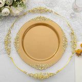 10 Pack | 10inch Gold Leaf Embossed Baroque Plastic Dinner Plates, Vintage Round Dinner Plates