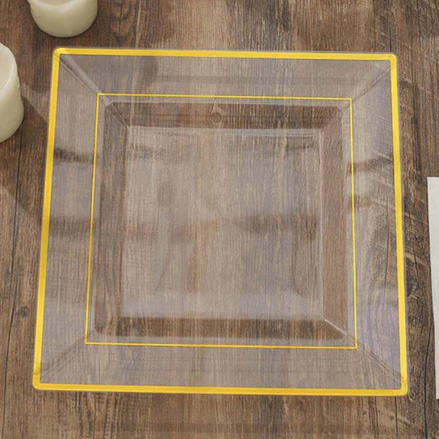 10 Pack - 10inch Gold Trim Clear Square Plastic Disposable Dinner Plates