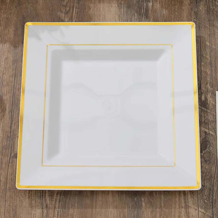 10 Pack - 10inch Gold Trim White Square Plastic Disposable Dinner Plates