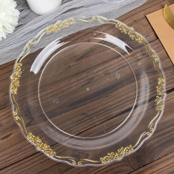 10-Pack Plastic 10" Round Dinner Plates in Clear with Gold Vintage Embossed Rim - Sturdy Disposable Scalloped Edge Party Plates for Sophisticated Events & Celebrations