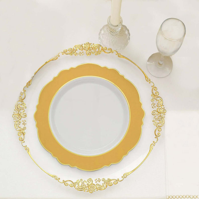 10 Pack | 10inch Gold / White Disposable Dinner Plates With Round Blossom Design With Gold Rim