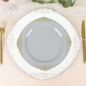 10-Pack Plastic 10" Round Dinner Plates in Gray with Gold Leaf Embossed Rim - Disposable Vintage Baroque Style Plates