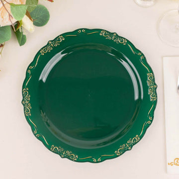 10-Pack Plastic 10" Round Dinner Plates in Hunter Emerald Green with Gold Vintage Embossed Rim - Sturdy Disposable Scalloped Edge Party Plates