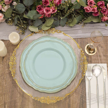 10-Pack Plastic 10" Dinner Plates in Jade with Gold Scalloped Rim - Disposable Large Party Plates