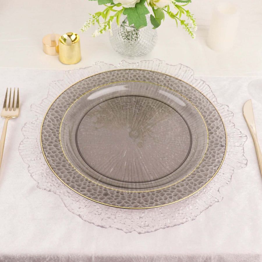 10 Pack | 10inch Opaque Black Hammered Design Plastic Dinner Plates With Gold Rim