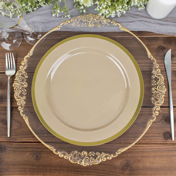 10-Pack Plastic 10" Round Dinner Plates in Taupe with Gold Rim - Disposable Party Plates for Classy Banquets & Special Occasions