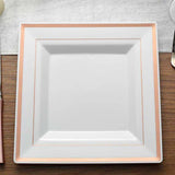 10 Pack - 10inch Rose Gold Trim White Square Plastic Disposable Dinner Plates