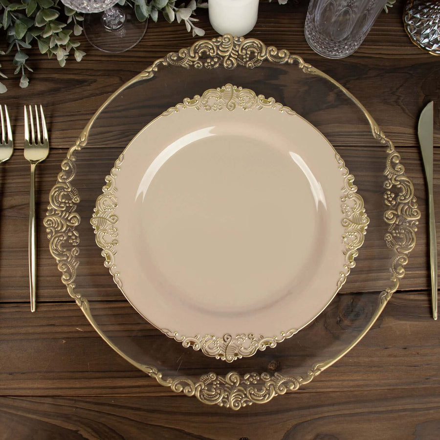 Taupe Gold Leaf Embossed Baroque Plastic Dinner Plates, Disposable Vintage Round Dinner Plates