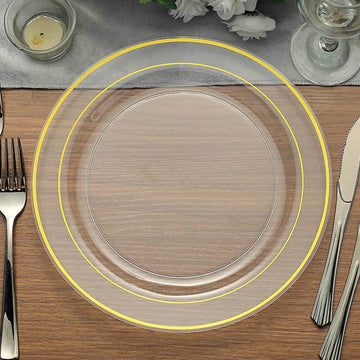 10-Pack Plastic Dinner Plates Clear with Très Chic Gold Rim - Perfect Disposable Party Plates 10"