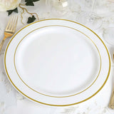 10 Pack | 10inch Très Chic Gold Rim White Disposable Dinner Plates, Plastic Party Plates