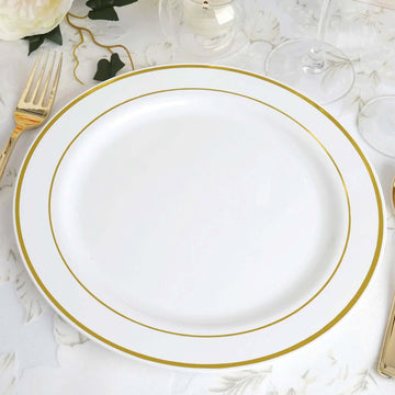 10-Pack Plastic Dinner Plates White with Très Chic Gold Rim - Perfect Disposable Party Plates 10"