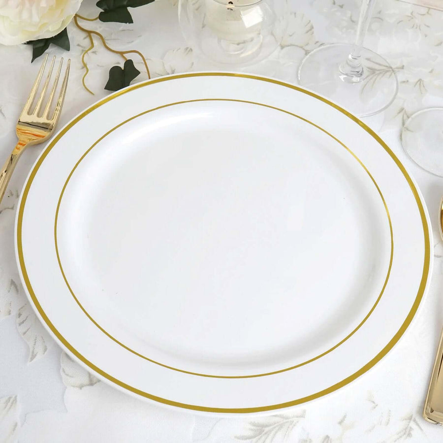 10 Pack | 10inch Très Chic Gold Rim White Disposable Dinner Plates, Plastic Party Plates