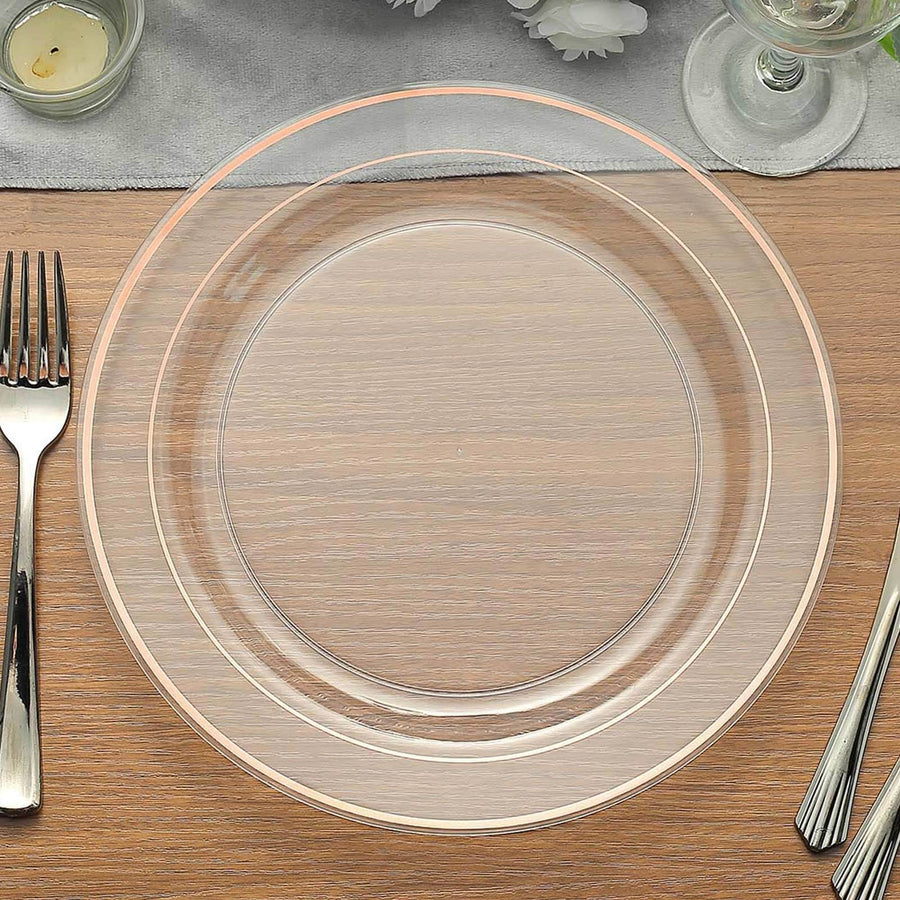 10 Pack | 10inch Très Chic Rose Gold Rim Clear Disposable Dinner Plates, Plastic Party Plates