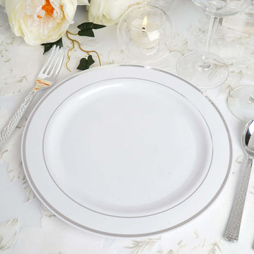 10-Pack Plastic Dinner Plates White with Très Chic Silver Rim - Perfect Disposable Party Plates 10"