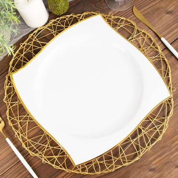 10-Pack Plastic 10" Square Dinner Plates in White with Gold Wavy Rim Modern - Disposable Party Plates for Luxe Events & Banquets