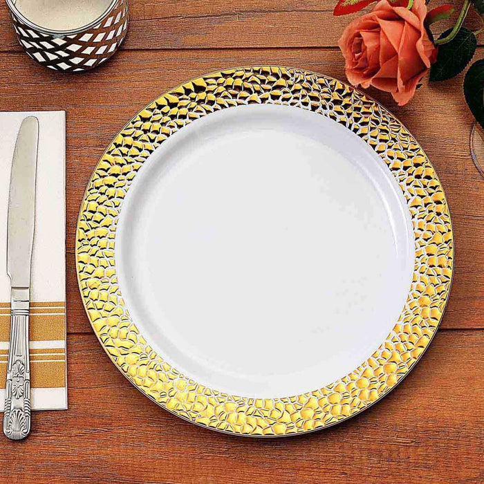 10 Pack | 10inch White Hammered Design Plastic Dinner Plates With Gold Rim