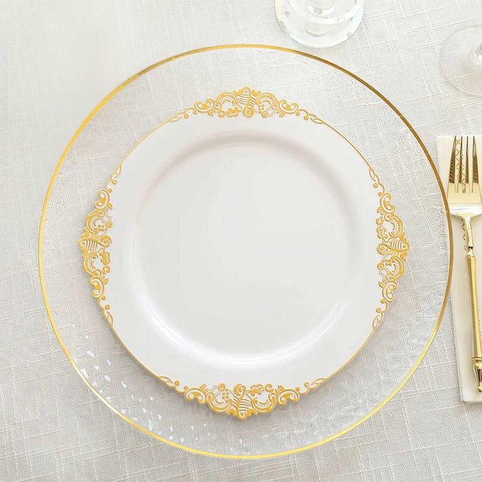 10 Pack | 10inch White Gold Leaf Embossed Baroque Plastic Dinner Plates